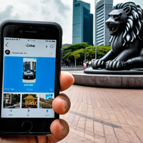 ** A person looking at the Uber app on their phone in Singapore, with the Merlion statue visible in the background. The app shows various Uber service options like UberX, Uber Black, and UberXL. The overall scene should depict ease and convenience.

**