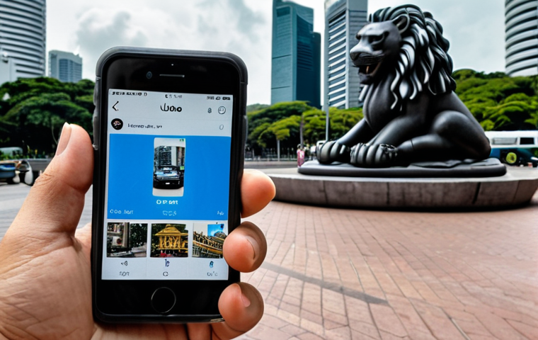 ** A person looking at the Uber app on their phone in Singapore, with the Merlion statue visible in the background. The app shows various Uber service options like UberX, Uber Black, and UberXL. The overall scene should depict ease and convenience.

**