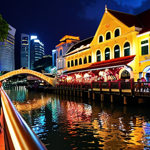 **

A vibrant nighttime scene at Clarke Quay, Singapore. Capture the colorful lights reflecting on the Singapore River, with people dining at outdoor restaurants and enjoying the lively atmosphere. In the background, show a glimpse of the G-MAX Reverse Bungy ride. The overall mood should be exciting and romantic.

**