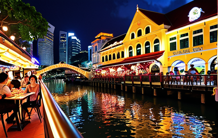 **

A vibrant nighttime scene at Clarke Quay, Singapore. Capture the colorful lights reflecting on the Singapore River, with people dining at outdoor restaurants and enjoying the lively atmosphere. In the background, show a glimpse of the G-MAX Reverse Bungy ride. The overall mood should be exciting and romantic.

**