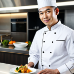 A male Singaporean chef in a clean, professional chef's uniform stands confidently in a modern, well-lit fine-dining kitchen. He is presenting an exquisitely plated Mod-Sin dish, a contemporary reinterpretation of a classic Singaporean cuisine, showcasing vibrant colors and intricate textures. The background features subtle hints of elegant restaurant decor. The scene is captured with professional studio lighting, emphasizing the artistic presentation of the food. perfect anatomy, correct proportions, natural pose, well-formed hands, proper finger count, natural body proportions, fully clothed, modest clothing, appropriate attire, professional dress, safe for work, appropriate content, professional, high quality.