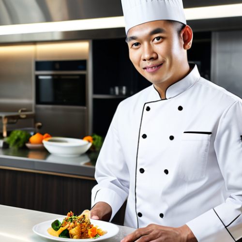 A male Singaporean chef in a clean, professional chef's uniform stands confidently in a modern, well-lit fine-dining kitchen. He is presenting an exquisitely plated Mod-Sin dish, a contemporary reinterpretation of a classic Singaporean cuisine, showcasing vibrant colors and intricate textures. The background features subtle hints of elegant restaurant decor. The scene is captured with professional studio lighting, emphasizing the artistic presentation of the food. perfect anatomy, correct proportions, natural pose, well-formed hands, proper finger count, natural body proportions, fully clothed, modest clothing, appropriate attire, professional dress, safe for work, appropriate content, professional, high quality.