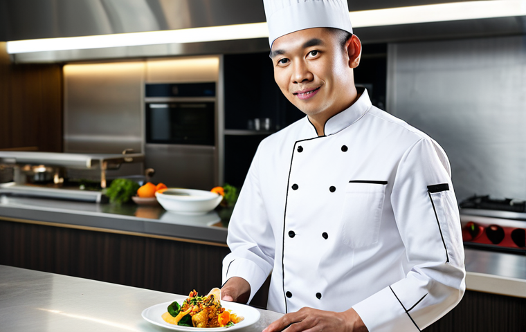 A male Singaporean chef in a clean, professional chef's uniform stands confidently in a modern, well-lit fine-dining kitchen. He is presenting an exquisitely plated Mod-Sin dish, a contemporary reinterpretation of a classic Singaporean cuisine, showcasing vibrant colors and intricate textures. The background features subtle hints of elegant restaurant decor. The scene is captured with professional studio lighting, emphasizing the artistic presentation of the food. perfect anatomy, correct proportions, natural pose, well-formed hands, proper finger count, natural body proportions, fully clothed, modest clothing, appropriate attire, professional dress, safe for work, appropriate content, professional, high quality.