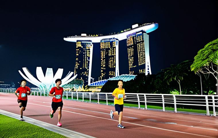 **

"A diverse group of marathon runners, fully clothed in athletic wear, running through downtown Singapore at night, with the Marina Bay Sands and Gardens by the Bay illuminated in the background, safe for work, appropriate content, professional athletes, perfect anatomy, correct proportions, well-formed hands, natural body proportions, high quality, professional photography, family-friendly."

**